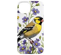 Carcasa para iPhone 15 Plus Un jilguero Oriental rodeado de Flores violetas comunes