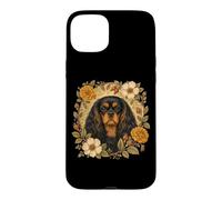Carcasa para iPhone 15 Plus Vintage Flowers Black Tan Cavalier King Charles Spaniel Dog