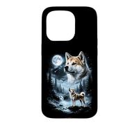 Carcasa para iPhone 15 Pro Akita Inu Aullando a la Luna, Perro Retro de los 90