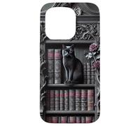Carcasa para iPhone 15 Pro Biblioteca gótica de Gato Negro Dark Academia estantería Vintage