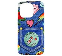 Carcasa para iPhone 15 Pro Blue Denim Patch Pattern Bad Luck Babe 90s Diseño estético