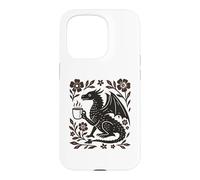 Carcasa para iPhone 15 Pro Boho Dragón Bebiendo Café Arte Popular Bestia Mítica