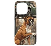 Carcasa para iPhone 15 Pro Boxer Dog Mechanic Garage Escena de reparación de Coches clásicos