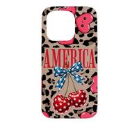 Carcasa para iPhone 15 Pro Brown Cheetah America Girls con Estampado de Leopardo, Cereza y Lazo