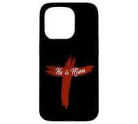 Carcasa para iPhone 15 Pro Camisa de Pascua Feliz con Texto en inglés He Is Risen Jesus Cross Scripture Matthew