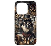 Carcasa para iPhone 15 Pro Chihuahua de Pelo Largo Steampunk Científico Loco
