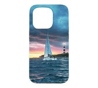 Carcasa para iPhone 15 Pro Coastal Lighthouse Sailboat Ocean Sunset Scenic Artwork