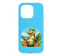 Carcasa para iPhone 15 Pro Cocodrilo Divertido en la Playa, Flores Tropicales de Coco