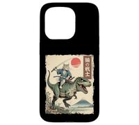 Carcasa para iPhone 15 Pro Divertido Gato Montando T-Rex japonés Ukiyo-e Art Samurai Cat