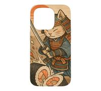 Carcasa para iPhone 15 Pro Divertido Sushi Samurai Cat Dojo Puesta de Sol Ukiyo-e Manga Kanji Art