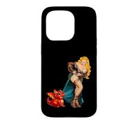 Carcasa para iPhone 15 Pro Fantasy Barbarian Pinup Woman Red Baby Dragon Tugging Skirt