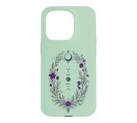 Carcasa para iPhone 15 Pro Fases Lunares Corona Botánica con Flores Violetas y Hojas