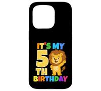Carcasa para iPhone 15 Pro Fiesta temática de Safari de león de 5 años con Texto en inglés It's My 5th Birthday