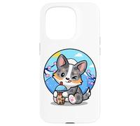 Carcasa para iPhone 15 Pro Funny Boba Bubble Tea Cherry Sakura Blue Merle Corgi Lover