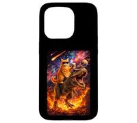 Carcasa para iPhone 15 Pro Funny Coffee Orange Cat Riding T-Rex in Cosmic Galaxy UFO