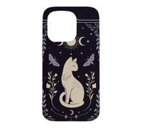 Carcasa para iPhone 15 Pro Gato místico Celestial Luna Polilla Botánica Arte Oculto