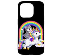 Carcasa para iPhone 15 Pro Gato Montando Unicornio Arco Iris Fantasía Lindo