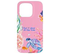 Carcasa para iPhone 15 Pro God Is Good Summer Ocean Preppy Pink Turtle & Coral