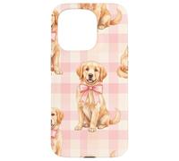 Carcasa para iPhone 15 Pro Golden Retriever Puppy Lazo Rosa Gingham Sweet Dog Design