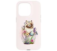 Carcasa para iPhone 15 Pro Happy Easter Cat Easter Tea Cup Coffee Cat Siamese Floral