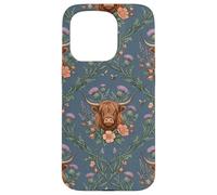 Carcasa para iPhone 15 Pro Highland Cow Thistle Floral Scottish Farm Animal Design