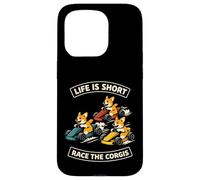 Carcasa para iPhone 15 Pro Life Is Short Race The Corgis Funny Go Kart Racing Lifestyle