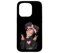 Carcasa para iPhone 15 Pro Linda Chica Signo de Paz Pelo Rizado Divertido gráfico juguetón Trippy