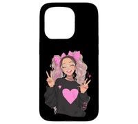 Carcasa para iPhone 15 Pro Linda niña con Lazos Rosados, Signo de Paz, gráfico, juguetón, Vibrante, Afilado