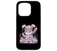 Carcasa para iPhone 15 Pro Lindo Conejo de béisbol de Pascua arcoíris Goteo niños niños niños pequeños