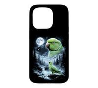Carcasa para iPhone 15 Pro Loro Indio Ringneck Aullando a la Luna 90's Retro Bird