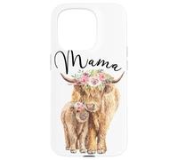 Carcasa para iPhone 15 Pro Mama Highland Cow with Baby Calf Floral Mom Mother's Day