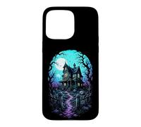 Carcasa para iPhone 15 Pro MAX Casa embrujada Luna de Sangre Arte de Grabado en Madera