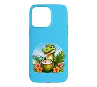 Carcasa para iPhone 15 Pro MAX Cocodrilo Divertido en la Playa, Flores Tropicales de Coco