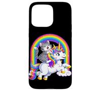Carcasa para iPhone 15 Pro MAX Gato Montando Unicornio Arco Iris Fantasía Lindo