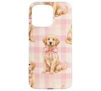 Carcasa para iPhone 15 Pro MAX Golden Retriever Puppy Lazo Rosa Gingham Sweet Dog Design