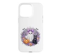 Carcasa para iPhone 15 Pro MAX Kawaii Fantasma Gato Negro Calabaza Halloween Floral