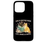 Carcasa para iPhone 15 Pro MAX Life is Better with Cats Books and Coffee Cat Lover Reading