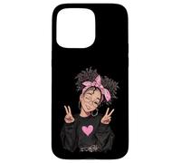 Carcasa para iPhone 15 Pro MAX Linda Chica Signo de Paz Pelo Rizado Divertido gráfico juguetón Trippy
