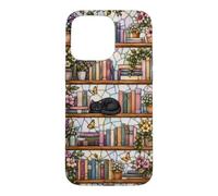 Carcasa para iPhone 15 Pro MAX Literary Cat Book Lover Floral Estantería Vitral