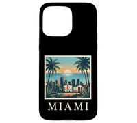 Carcasa para iPhone 15 Pro MAX Miami, Florida, costero, Ciudad, Horizonte, Retro, Puesta de Sol, Playa, Palmera