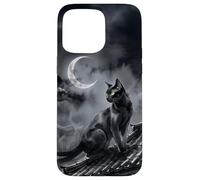 Carcasa para iPhone 15 Pro MAX Nekomata Yokai Gato Negro Luna Creciente Arte Sumi-e