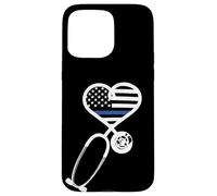 Carcasa para iPhone 15 Pro MAX Nurse Police Wife Officer Thin Blue Line Heart Flag Black