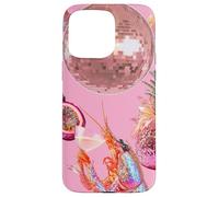 Carcasa para iPhone 15 Pro MAX Pink Preppy Disco Ball Camarones Martini Cóctel Verano Divertido