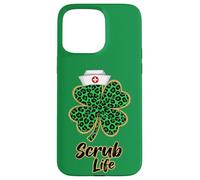 Carcasa para iPhone 15 Pro MAX Scrub Life Nurse Green Leopard Shamrock Día de San Patricio