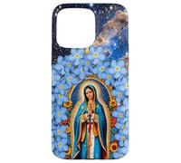 Carcasa para iPhone 15 Pro MAX Señora de Guadalupe Flores Azules & Estrella Virgen María Fe