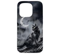 Carcasa para iPhone 15 Pro Nekomata Yokai Gato Negro Luna Creciente Arte Sumi-e