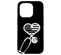 Carcasa para iPhone 15 Pro Nurse Police Wife Officer Thin Blue Line Heart Flag Black