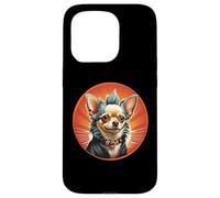 Carcasa para iPhone 15 Pro Punk Chihuahua Mohawk Chaqueta de Cuero Treat Bone Rock Pet Dad