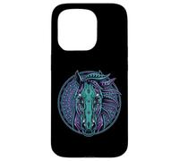 Carcasa para iPhone 15 Pro Retrato de Caballo Estilo Cyberpunk Verde Azulado Púrpura Mandala Circuitry