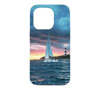 Carcasa para iPhone 15 Pro Sailboat Lighthouse Nautical Ocean Sunset Coastal Art